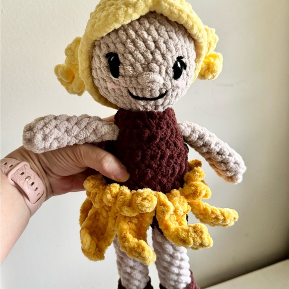 Crocheted Handmade Crochet Doll with Sunflower Yellow and Brown Outfit - Picture 3 of 6